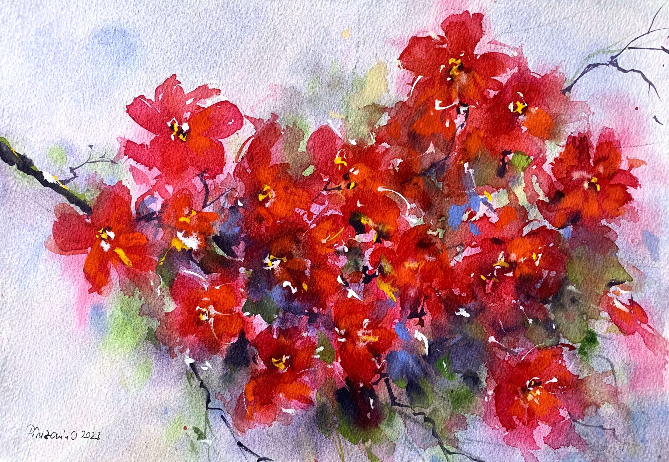 tablou pictat manual in acurela Crenguta inflorita