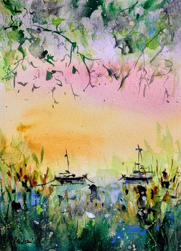 Tablou Barci la mal in apus