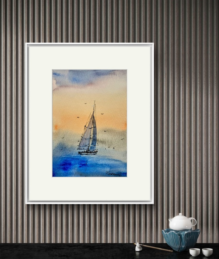 Tablou Velier solitar la rasarit - Peisaj marin