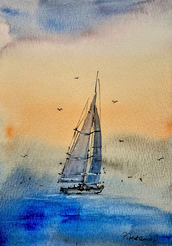 Tablou Velier solitar la rasarit - Peisaj marin