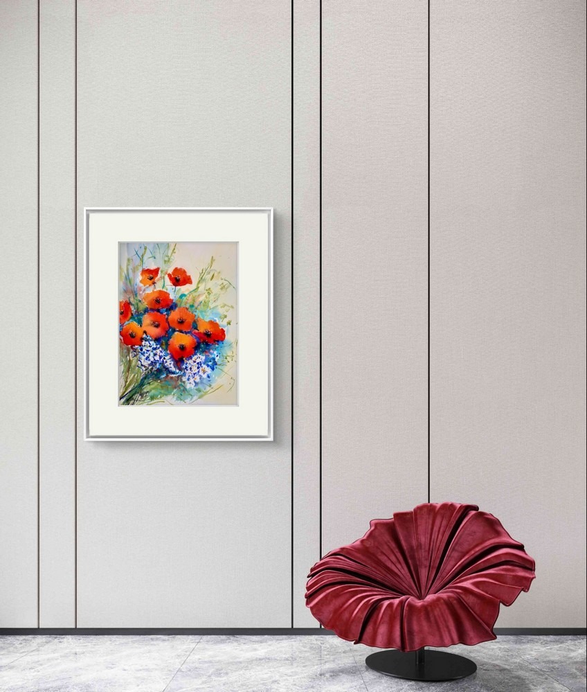 Tablou flori pictate - maci rosii si flori de camp