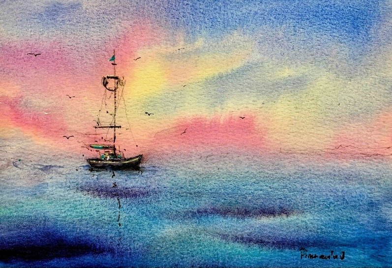 Tablou marin - Barca la apus