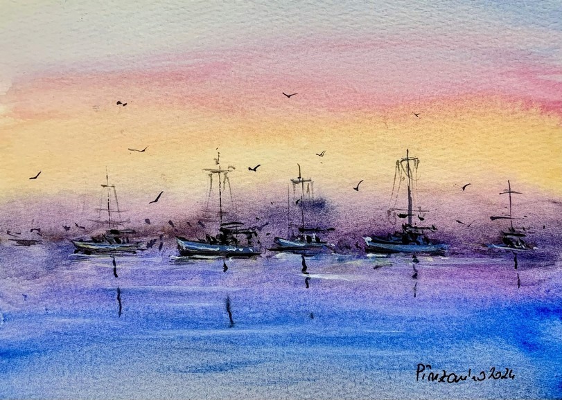 Tablou marin Barci la amurg